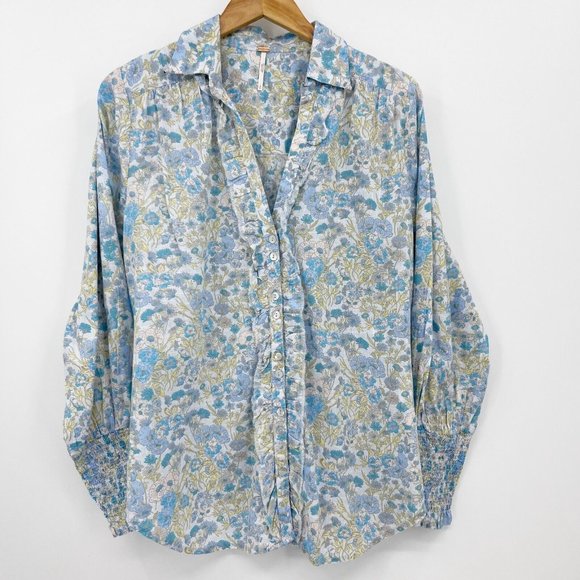 Free People Blue Floral Button Front Top Long Sleeve Cottage Bohemian - Picture 3 of 9